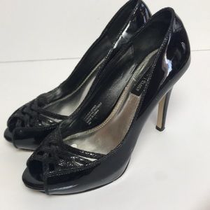 Black open toe heels.